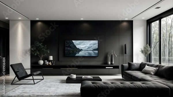 Fototapeta TV in modern living room with black wall, lights, plants and sofa