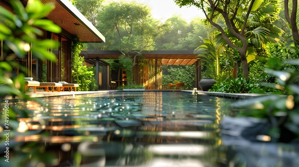 Obraz Tropical Vacation Paradise with a Modern Hotel, Blue Pool, and Lush Greenery in Bali, Indonesia