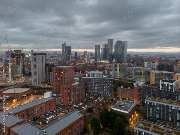Obraz Aerial drone shot across Manchester shot from the west looking east at Deansgate Square, Manchester, UK