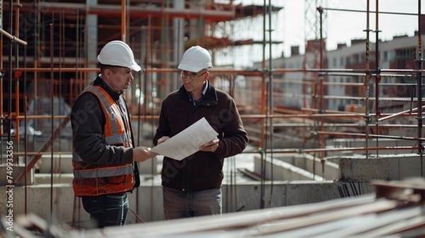 Fototapeta Two professionals discussing plans on a construction site, highlighting themes of development, teamwork, and industry, perfect for business and construction publications