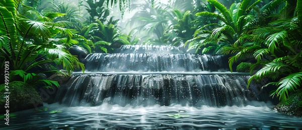 Obraz Tropical Paradise: Wonderful Waterfall in a Serene Thai Forest Setting with Fresh Greenery