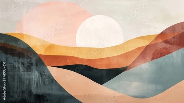 Fototapeta Warm sunset hues paint an abstract geometric landscape, where sweeping curves meet bold, earthy tones in a modern artistic expression.