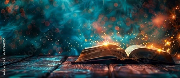 Obraz A mysterious open book on a wooden table emitting a magical glow and sparkly particles, resembling an enchanting scene