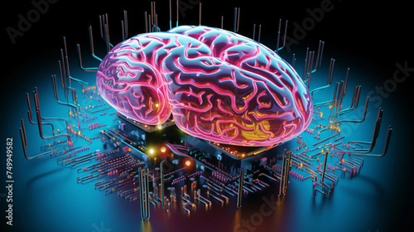 Fototapeta Detailed 3D model of a human brain where the neural pathways are visualized as printed circuit traces exploring the concept of thoughts and intelligence as electrical impulses