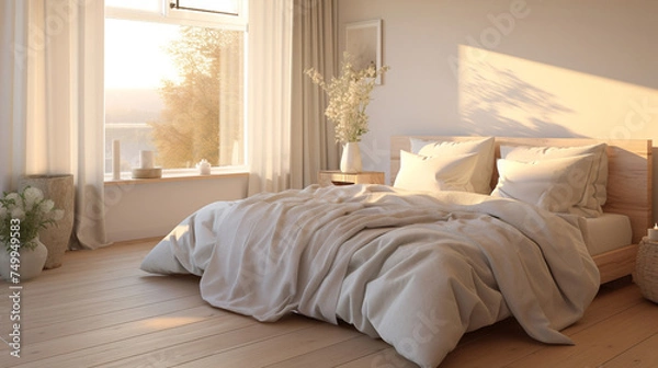 Fototapeta Detailed 3D model of a serene bedroom with linens and curtains softened by the product highlighting a peaceful and comfortable environment with the morning sun casting a gentle light