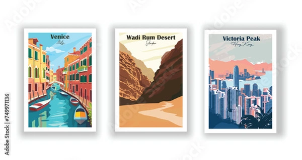 Fototapeta Venice, Italy. Victoria Peak, Hong Kong. Wadi Rum Desert, Jordan - Set of 3 Vintage Travel Posters. Vector illustration. High Quality Prints