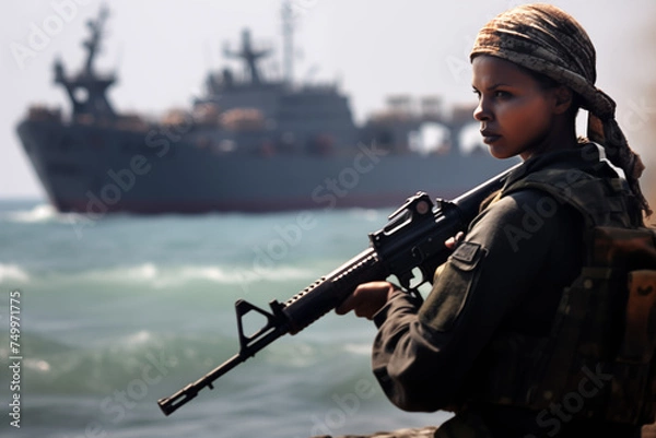 Obraz Rebel female pirate fighter with gun, with cargo ship in the background