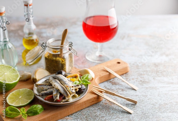 Obraz anchovy appetizer with olives.
