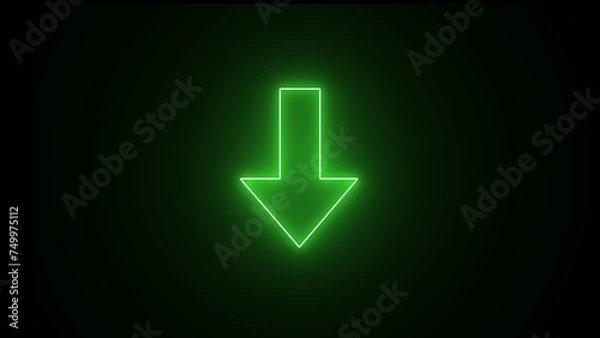 Obraz Neon arrow symbol icon. The green-colored arrow points down. Black Background with arrow direction down. Directional sign. Flat design.