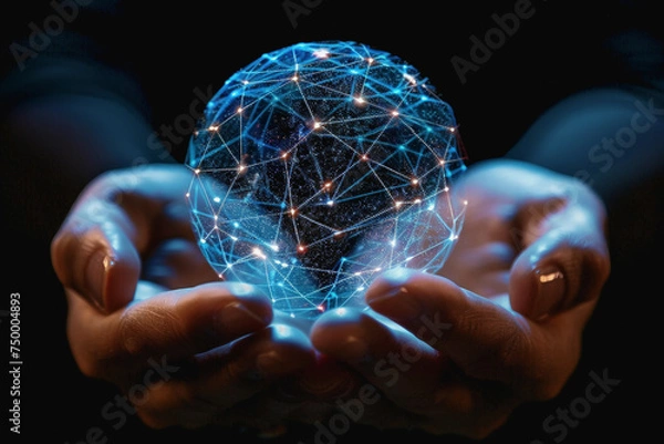 Fototapeta Interface network connects sphere on business hand. AI Generated