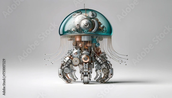 Obraz Glass robot jellyfish with mechanical parts inside isolated on white background. 3D render style in concept technology, robotic sea life, robot, toy