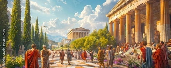 Fototapeta Ancient Greece agora scene philosophers debating vibrant togas and architecture