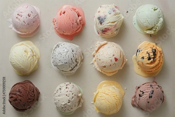 Fototapeta Artfully presented ice creams from an exquisite top view, inviting you to savor the moment with customizable copy space.