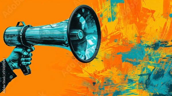 Obraz A hand holding a turquoise megaphone in front of a orange background