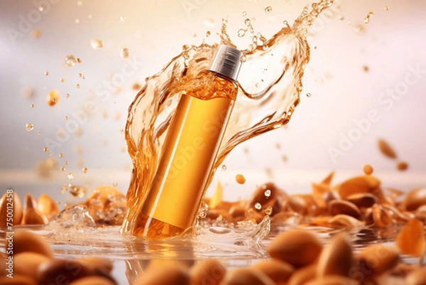 Fototapeta Delicious refreshing argan shampoo with drops on the background, flying objects