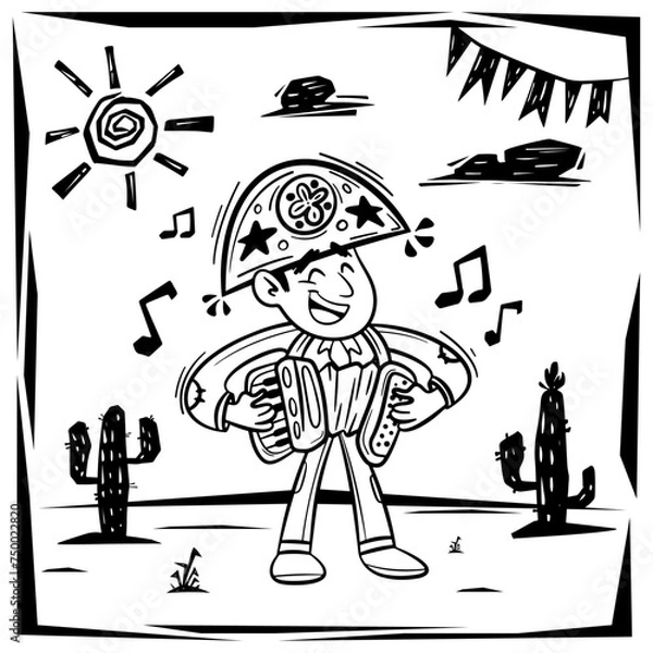 Fototapeta Xilogravura Festa Junina. June celebration. Accordion player, Forró Nordestino musician, traditional Brazilian rhythm. String style vector illustration