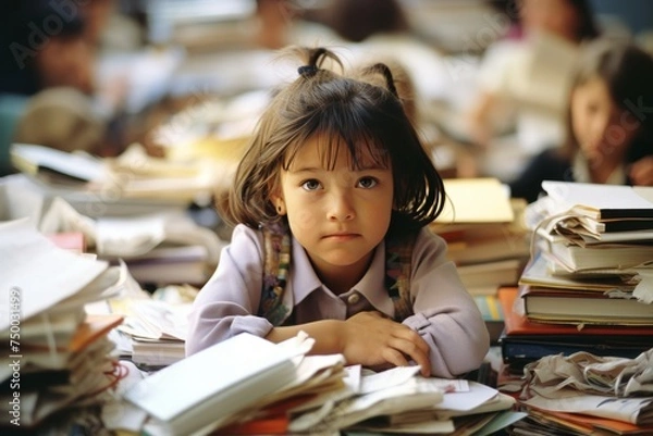 Fototapeta A focused elementary school student immersed in her studie sitting at a cluttered desk filled with colorful textbooks, notepads, and school supplies, surrounded by towering stacks of books and loose p