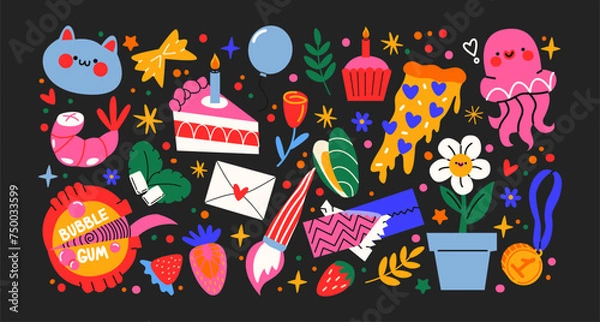 Fototapeta Cartoon doodle groovy stickers set. 90s cute design. Chewing gum, flowers, sweets, pizza, animals. Retro hippie acid set. Trendy patches, labels, tags, stickers, stamps