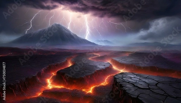 Obraz Volcanic landscape during a violent lightning storm