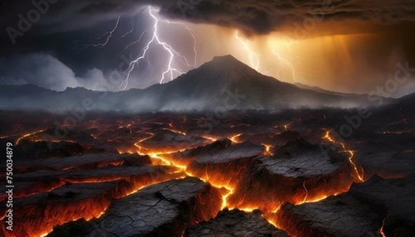 Obraz Volcanic landscape, cloudy sky, lightning storm