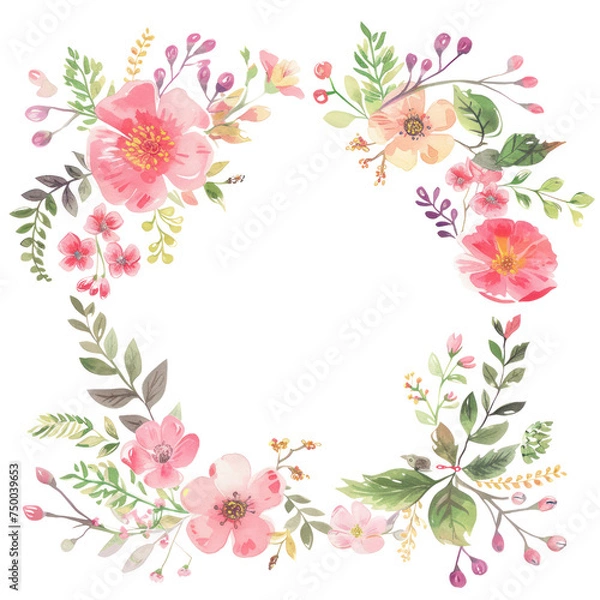 Fototapeta Watercolor floral wreath with flowers and leaves. Wreath, floral frame, watercolor flowers, Isolated on white background. Perfectly for greeting card design.