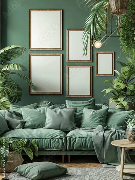 Fototapeta Décoration intérieur avec plusieurs cadres au mur vert, mockup