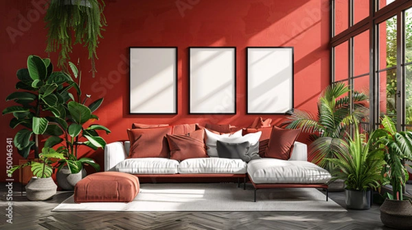 Fototapeta intérieur d'une pièce moderne avec plusieurs cadres sur un mur rouge, mockup