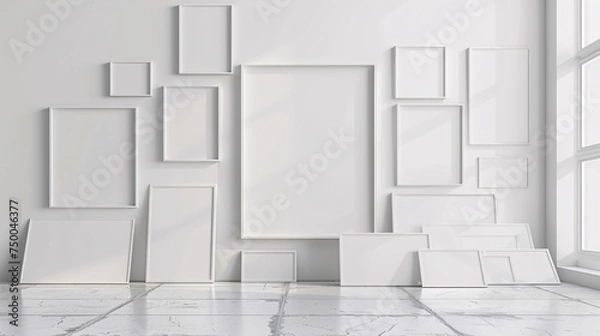 Fototapeta intérieur d'une pièce moderne avec plusieurs cadres sur un mur blanc, mockup