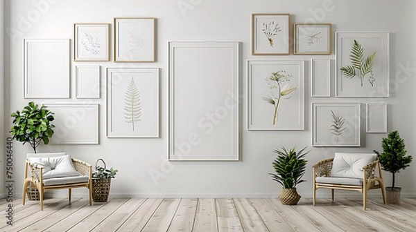 Fototapeta intérieur d'une pièce moderne avec plusieurs cadres sur un mur blanc, mockup