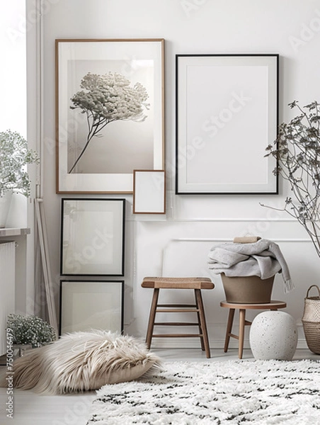 Fototapeta intérieur d'une pièce moderne avec plusieurs cadres sur un mur blanc, mockup