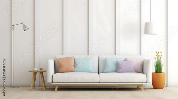 Fototapeta Bright and cozy modern living room interior have sofa and lamp with white wall background AI Generated