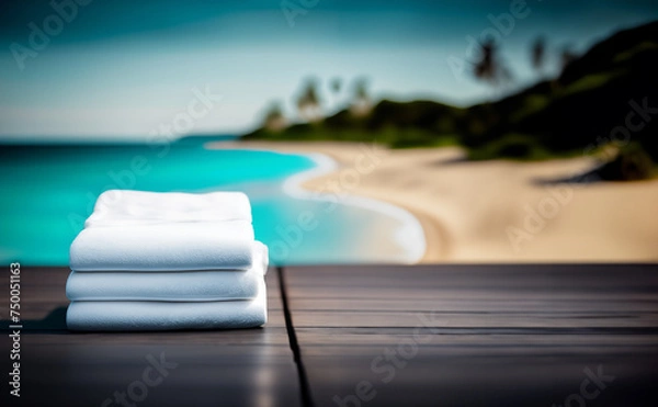 Fototapeta White beach towel stack on dark wooden surface with beach palm tree background. Spa relaxing holiday theme