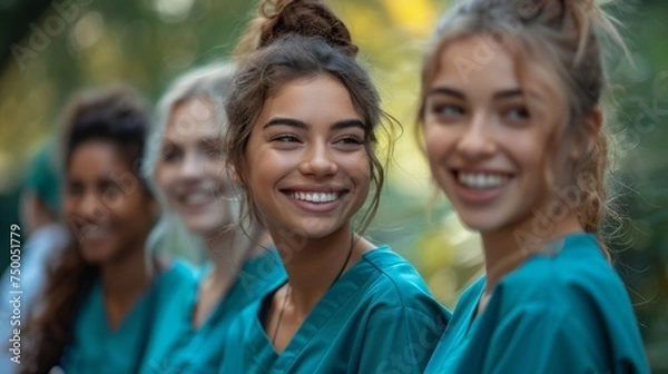 Fototapeta Group of female health students laughing together as they walk around campus wearing scrubs. Multicultural medical graduates going to attend a training class as part of their medical residency 