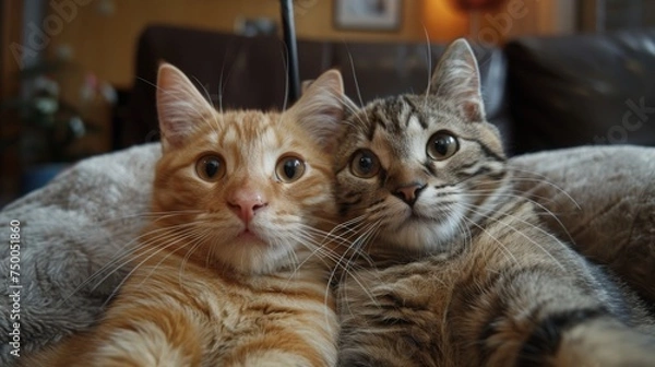 Fototapeta Funny cats Self picture. Selfie stick in his hand. Couple of cat taking a selfie together with smartphone camera 