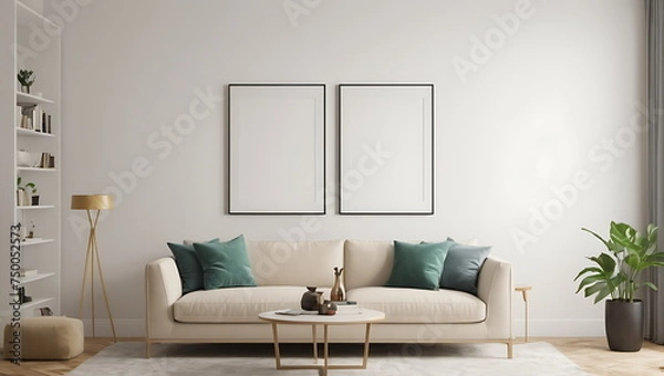Fototapeta Elegant Living Room Decor, Modern Sofa with Stylish Accessories in a Cozy Interior, A mockup of a blank poster frame.