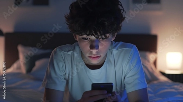 Obraz A child using smart phone lying in bed late at night, playing games. Children's screen addiction and parent control concept. Child's room at night. Sensitive content on screen