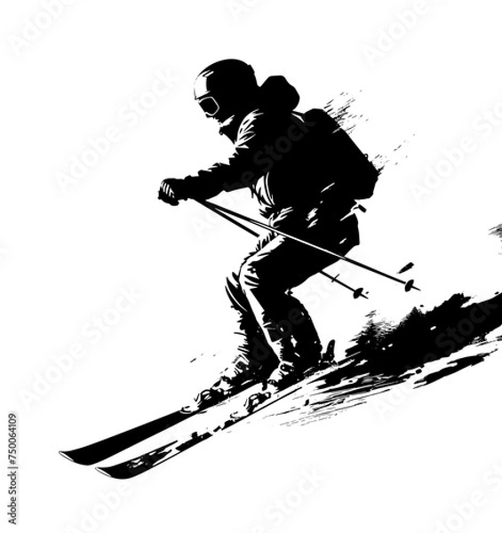 Fototapeta Silhouette of a skier on a ski slope, black silhouette on white background, editable svg, generated with AI