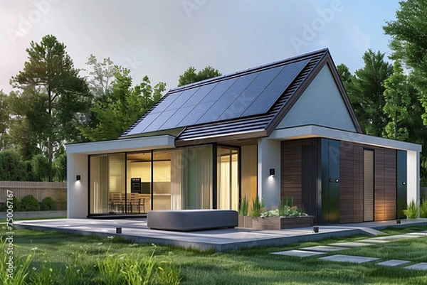 Fototapeta Energy-efficient home with solar panels and energy storage system