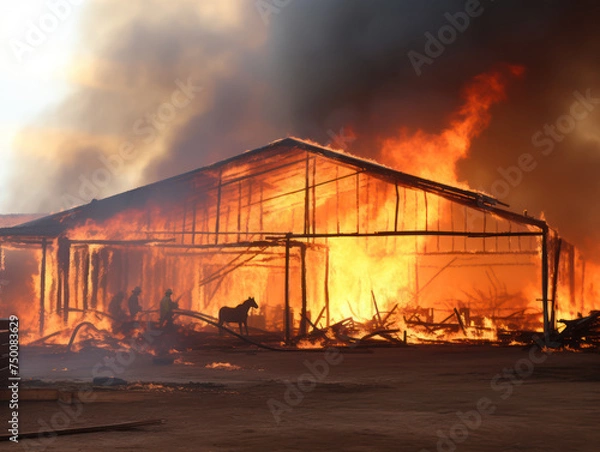 Obraz Huge fire in the farm's hay barn
