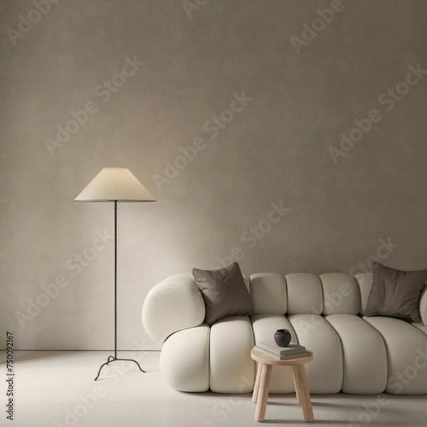 Fototapeta Japandi living room design with sofa , lamp and stool , modern interior mock up , empty wall space , 3d rendering
