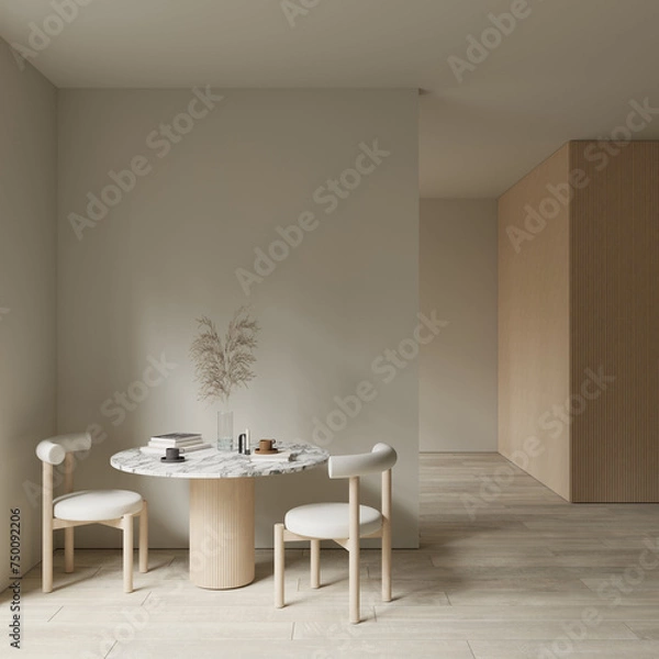 Fototapeta Modern Scandinavian dining room  design , with table and chairs , empty wall space mock up , 3d rendering