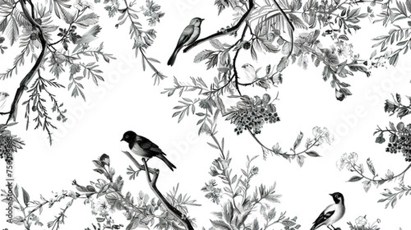 Obraz birds on a tree branch, black and white chinoiserie pattern. wallpaper for interior design	
