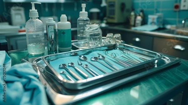 Fototapeta An array of sterile surgical instruments laid out on a tray in the operating room, with sanitizing solutions nearby.