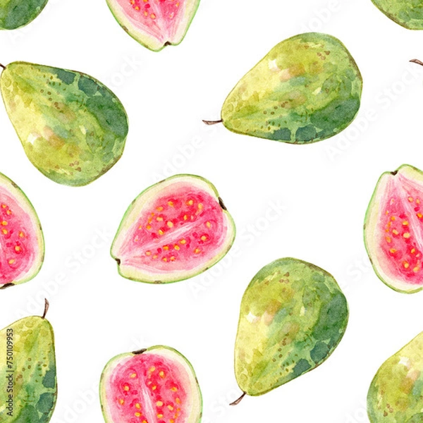 Obraz Watercolor cut guava fruit seamless pattern on white background