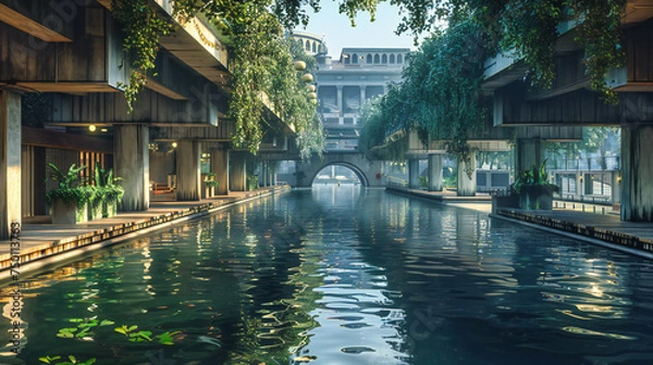 Obraz City Reflections, A Serene Canal Through the Heart of Urban Tranquility