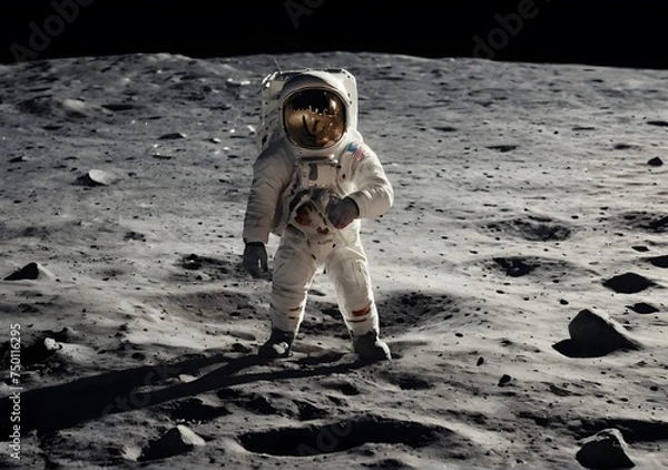 Fototapeta Astronaut is walking on the moon. With land on the horizon. Elements of this image were furnished