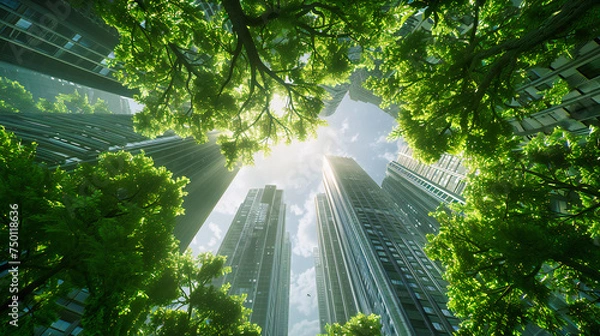 Obraz Green Canopy, Skyscrapers Rising Amidst the Embrace of Trees, A Vision of Urban Nature