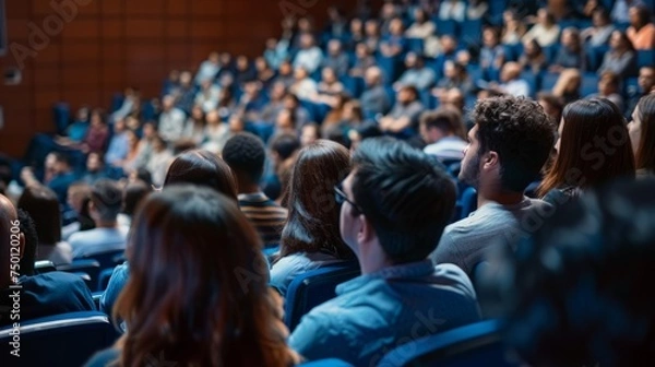 Fototapeta Many individuals sitting in rows in a lecture hall, listening attentively to a speaker or instructor