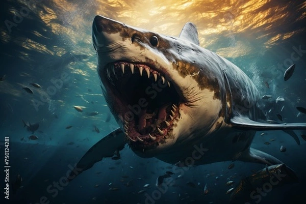 Obraz Majestic ancient megalodon shark surrounded by a school of smaller fish in the depths of the ocean