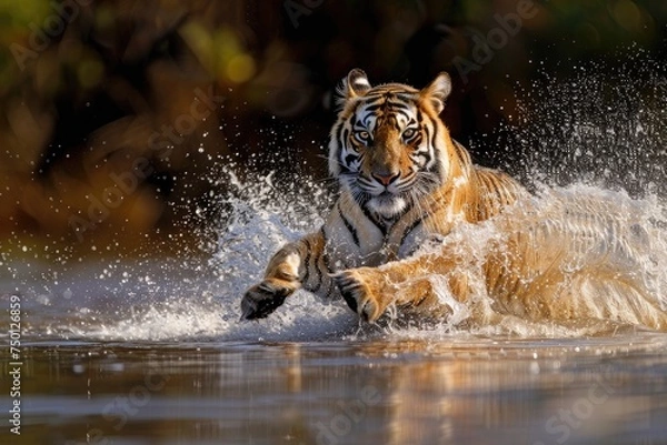 Fototapeta a tiger was running in the river at high speed to chase its prey